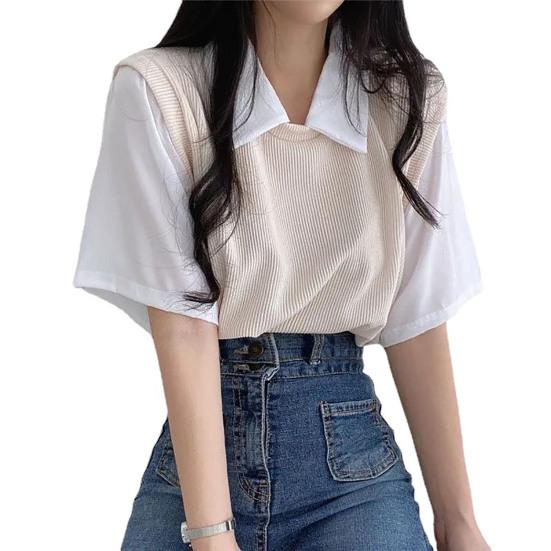 Revers Kurzarm Lose Fit Frauen Bluse Preppy Stil Gefälschte Zwei Stücke T Top Streetwear S apricot von Joom DACH