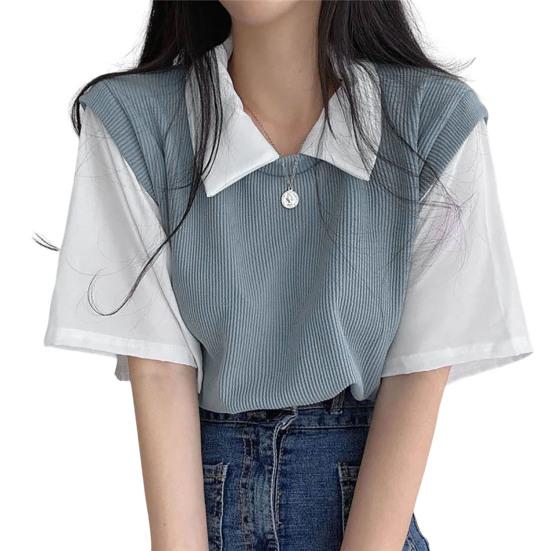 Revers Kurzarm Lose Fit Frauen Bluse Preppy Stil Gefälschte Zwei Stücke T Top Streetwear S blau von Joom DACH