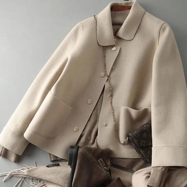 Revers Kurze Jacke Damen Frühling und Herbst Temperament Lässig Lose All-Match Wolloberteil XXL beige von Joom DACH