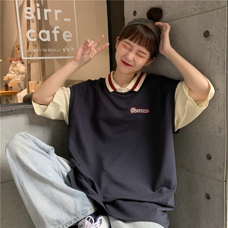 Revers-Poloshirt für Damen im Sommer, zweiteiliges Kurzarm-T-Shirt für Studentinnen, lockeres Halbarm-Oberteil L blau von Joom DACH