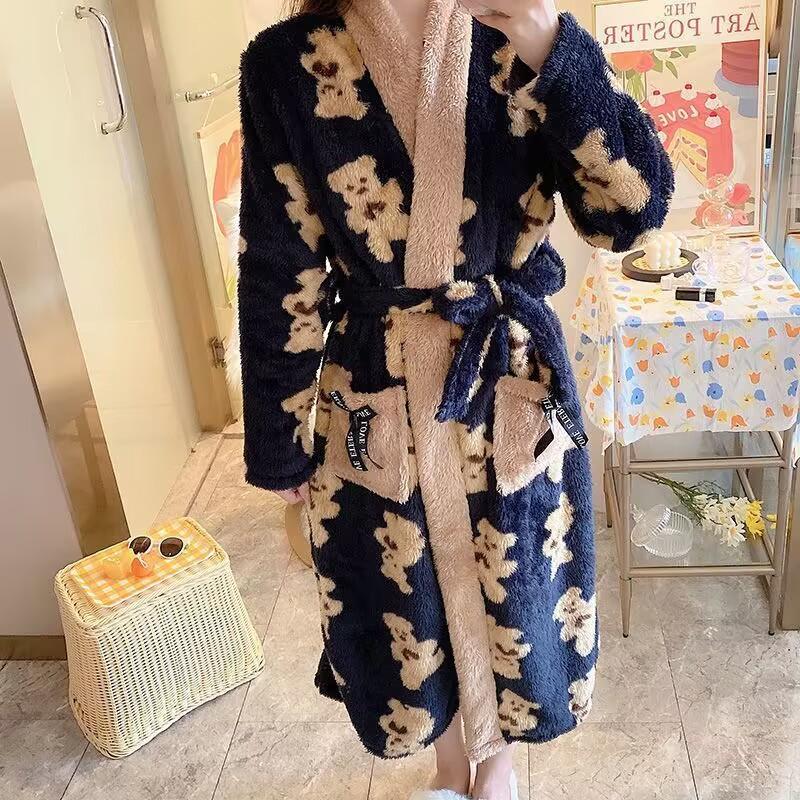 Revers Robe Druck Nachthemd Schlaf Kleid Lange Ärmeln Hause Kleidung Korallen Flanell Bademantel Morgenmantel Strickjacke Kimono 2XL von Joom DACH