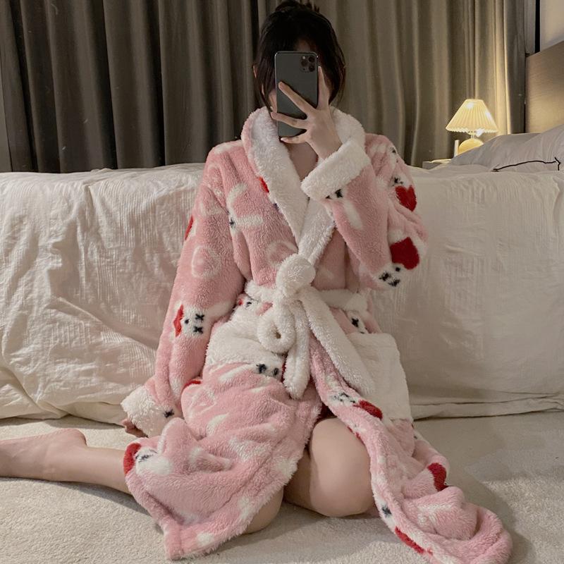 Revers Robe Druck Nachthemd Schlaf Kleid Lange Ärmeln Hause Kleidung Korallen Flanell Bademantel Morgenmantel Strickjacke Kimono 2XL von Joom DACH