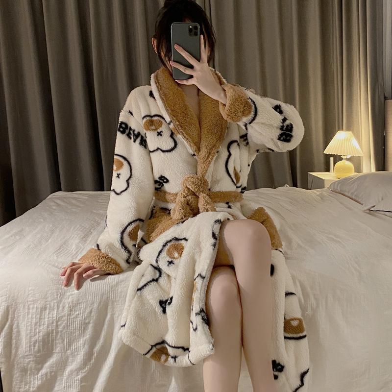 Revers Robe Druck Nachthemd Schlaf Kleid Lange Ärmeln Hause Kleidung Korallen Flanell Bademantel Morgenmantel Strickjacke Kimono M von Joom DACH