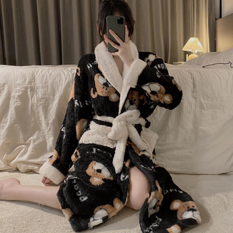 Revers Robe Druck Nachthemd Schlaf Kleid Lange Ärmeln Hause Kleidung Korallen Flanell Bademantel Morgenmantel Strickjacke Kimono M von Joom DACH