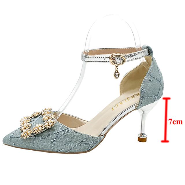 Rimocy Bling Kristall Dünne Absätze Pumps Frauen Spitzschuh Knöchelriemen Med Heel Party Schuhe Frau Elegante Perle High Heels Schuhe 34 von Joom DACH