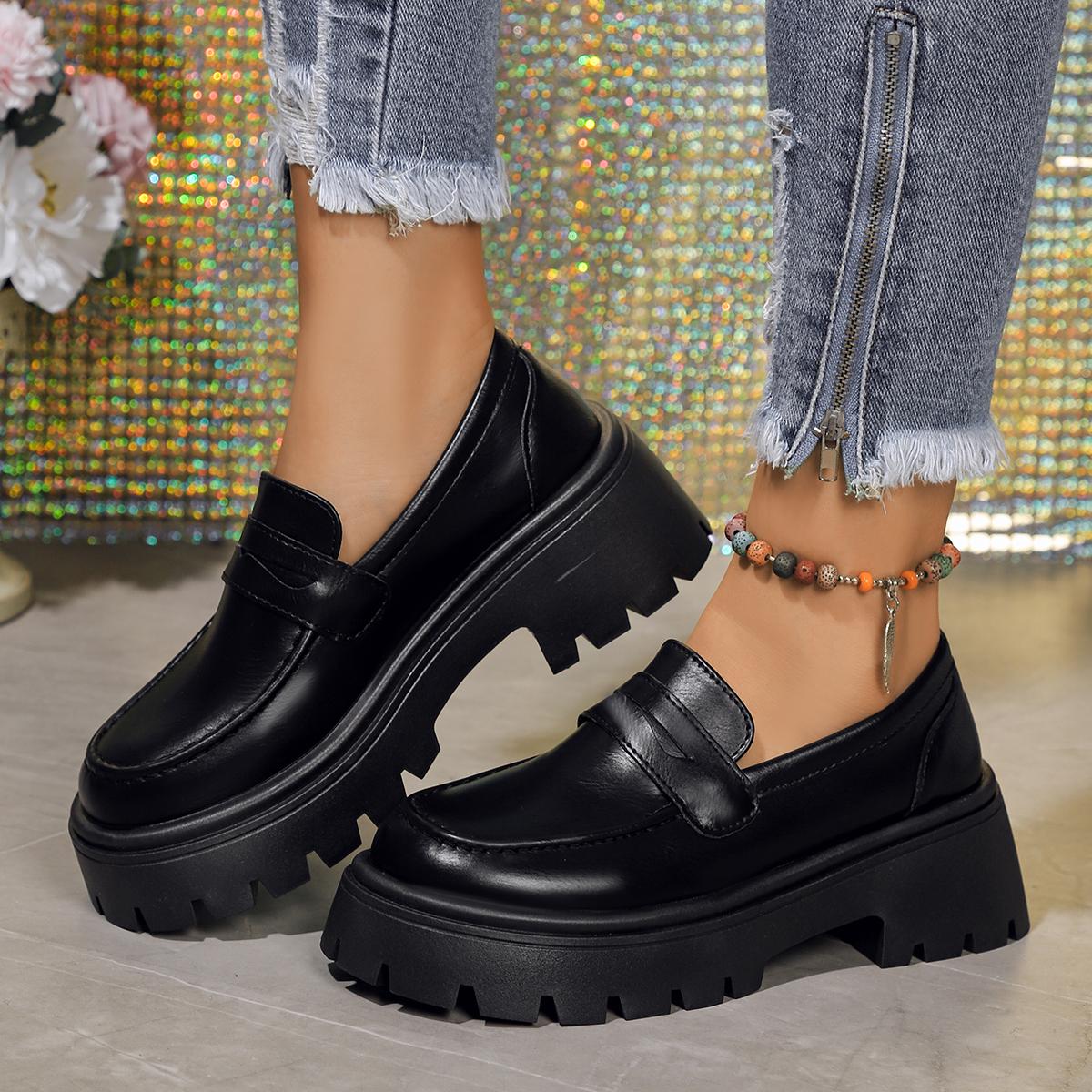Rimocy Britischer Stil Klobige Loafer Damen Mode Slipper Plateau Schuhe Frau Dicke Sohle PU Leder Kleiderschuhe Damen 41 schwarz von Joom DACH