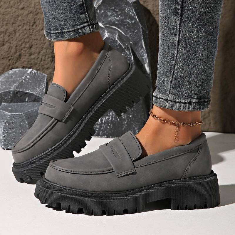 Rimocy Damen-Loafer mit Plateausohle, einfarbig, bequeme Slipper zum Hineinschlüpfen, modische Abendschuhe im Preppy-Stil in Übergröße 42 graue von Joom DACH