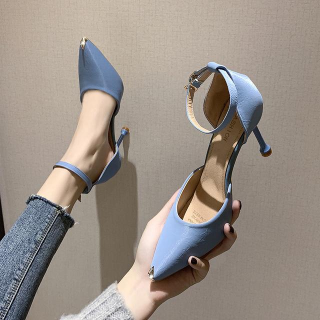 Rimocy Knöchelriemen Stilettoabsatz Pumps Damen PU-Leder Super High Heels Schuhe Frau Mode Metall Spitze Party Schuhe 34 blau von Joom DACH
