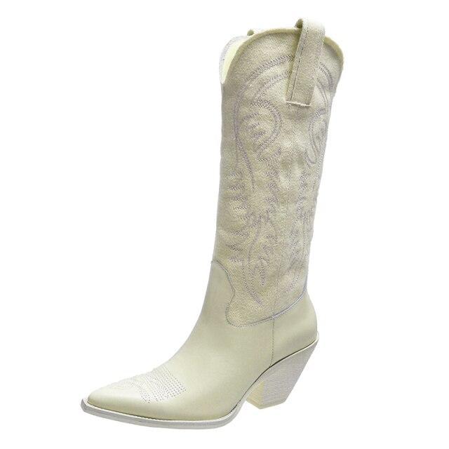 Rimocy Vintage bestickte Western-Cowboystiefel Damen Herbst Pu-Leder High Heels Lange Kniehohe Stiefel Frau Spitzschuh 39 von Joom DACH