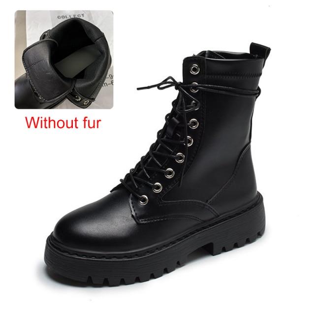 Rimocy Weiß Schwarz Pu Leder Stiefeletten Frauen Herbst Winter Runde Kappe Schnürschuhe Frau Mode Motorrad Plattform Botas 40 schwarz von Joom DACH