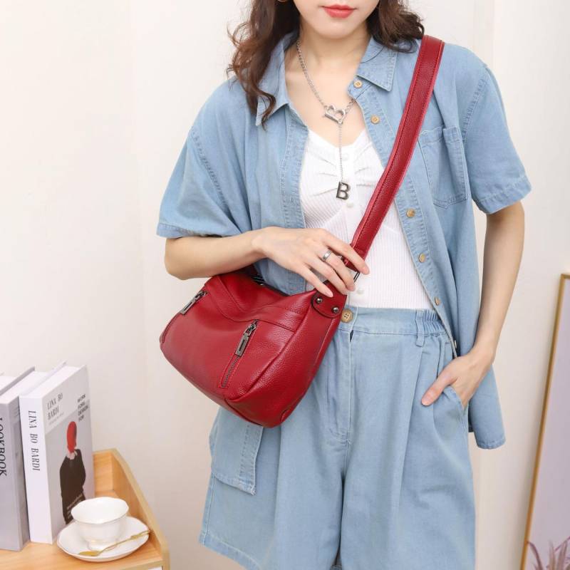 Rindsleder Damen Einzelne Schulter Umhängetasche Einfache Mehrfachfach Knödeltasche Große Kapazität Tante Mutter Tasche von Joom DACH