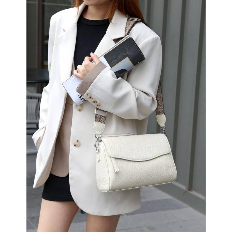 Rindsleder Damen Schulter Umhängetasche Einfache Mode Tasche Mädchen Überschlagtasche Mehrfachteiliges Quadratische Tasche weiß von Joom DACH
