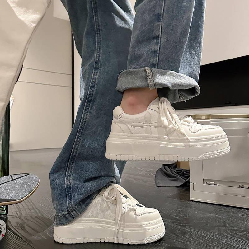 Rindsleder Frühling Neue Plateau Weiße Schuhe Lässig Allround Erhöhte Leder Sneaker Damen 40 weiß von Joom DACH
