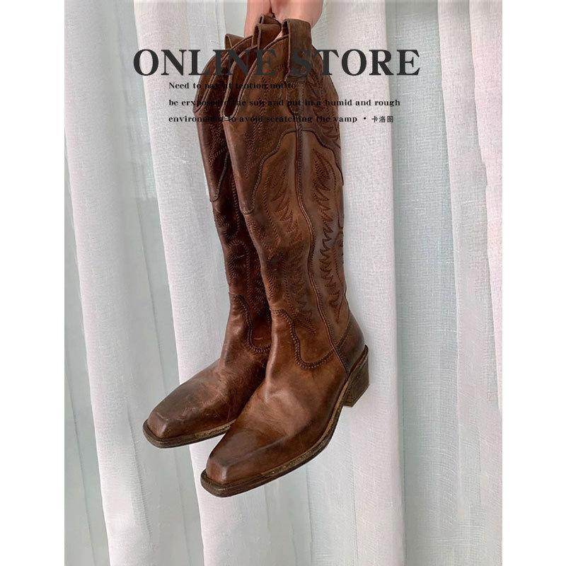 Rindsleder-Version Bestickte Western-Cowboystiefel Damen Retro Alte Lederstiefel Hohe Ritterstiefel 39 dunkelbraune von Joom DACH