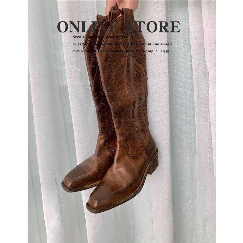 Rindsleder-Version Bestickte Western-Cowboystiefel Damen Retro Alte Lederstiefel Hohe Ritterstiefel 39 dunkelbraune von Joom DACH