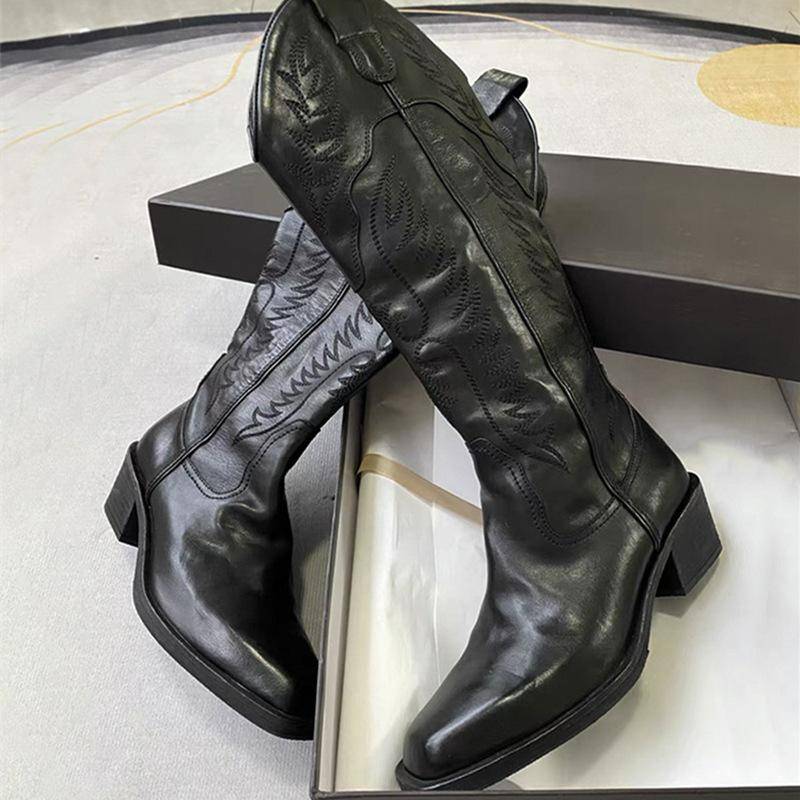 Rindsleder-Version Bestickte Western-Cowboystiefel Damen Retro Alte Lederstiefel Hohe Ritterstiefel 39 schwarz von Joom DACH