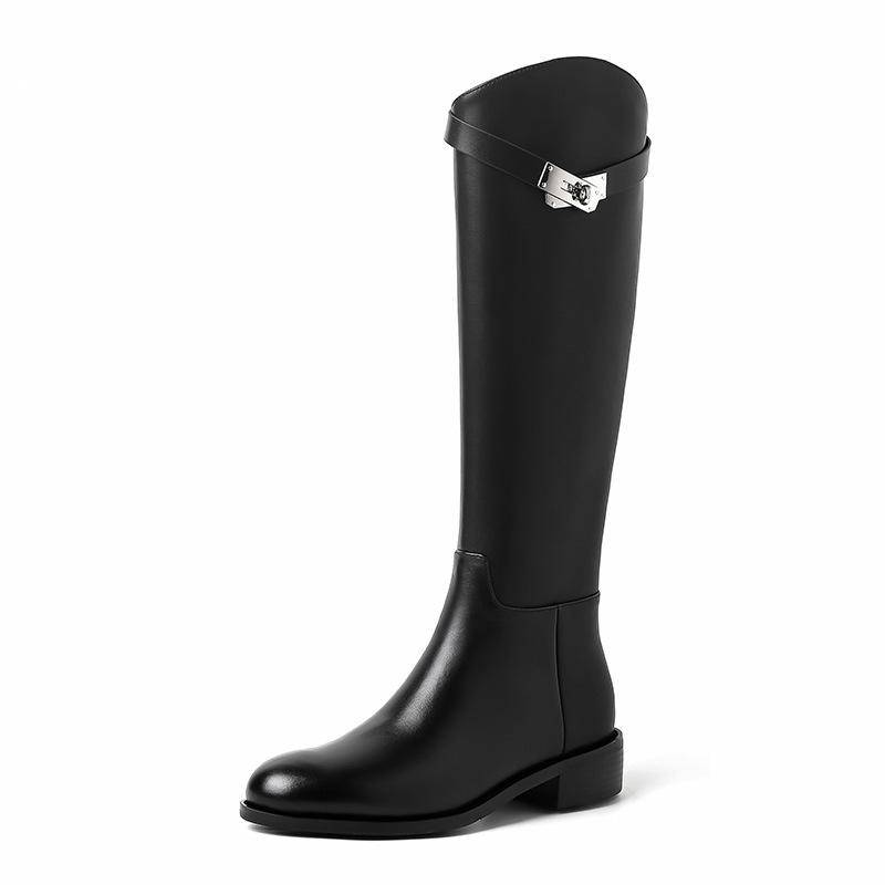 Rindsleder~ lange Stiefel Damen Kniestiefel Echtleder lange Stiefel Damen Britischer Stil Gürtelschnalle hoher Schaft schmale Ritterstiefel 39 von Joom DACH