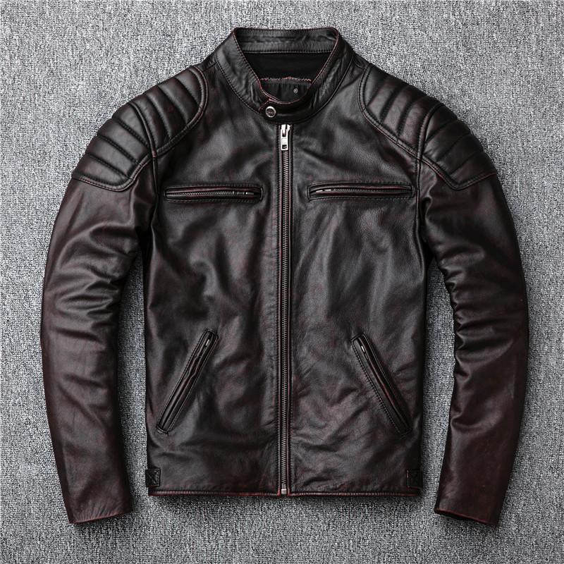 Rindslederjacke erste Schicht Herren Stehkragen Lederjacke Retro Gealtert Rotbraun M schwarz von Joom DACH