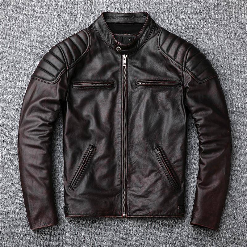 Rindslederjacke erste Schicht Herren Stehkragen Lederjacke Retro Gealtert Rotbraun M schwarz von Joom DACH