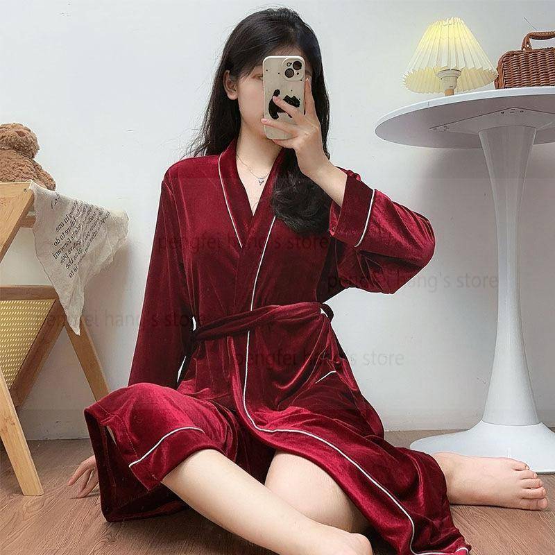 Robe Samt Nachthemd Damen Hauskleidung mit Taschen Herbst und Winter Weste Langarm Kimono Bademantel Kleid L von Joom DACH