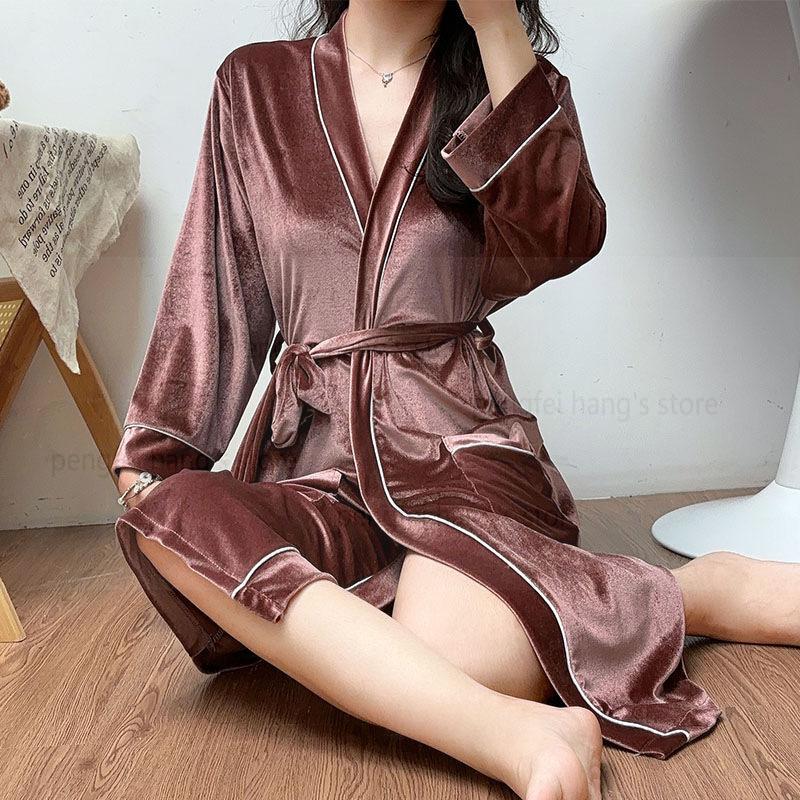 Robe Samt Nachthemd Damen Hauskleidung mit Taschen Herbst und Winter Weste Langarm Kimono Bademantel Kleid XL von Joom DACH