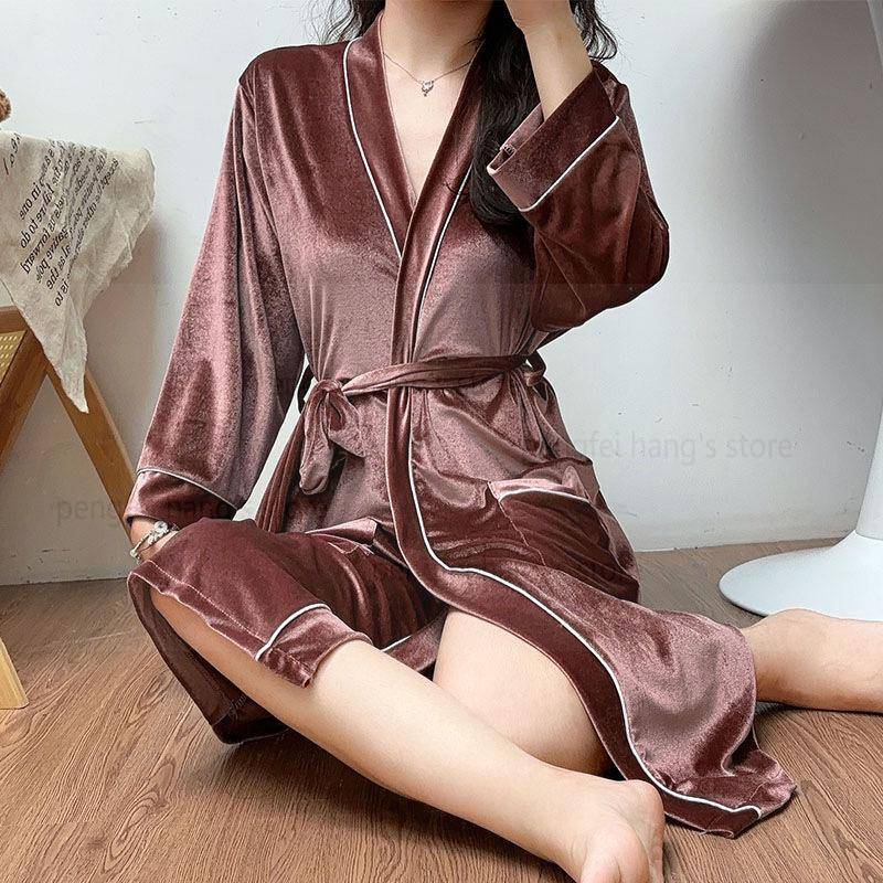 Robe Samt Nachthemd Damen Hauskleidung mit Taschen Herbst und Winter Weste Langarm Kimono Bademantel Kleid XL von Joom DACH