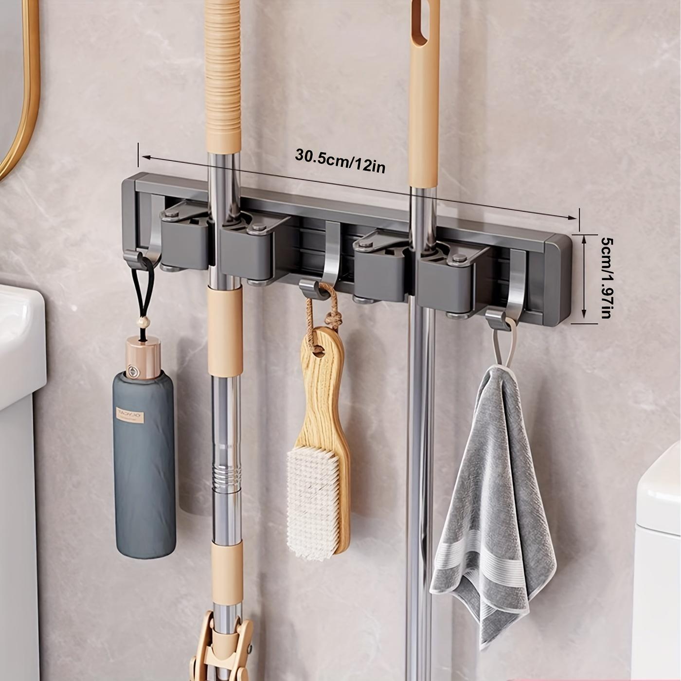 Robuster Mopp- und Besenhalter aus Metall mit verstellbaren Haken, an der Wand montiertes Organizer-Regal für Zuhause, Küche, Garten, Waschküche, Garage grau von Joom DACH