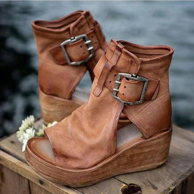 Römerschuhe Damen Sommer High Heel Mode Damen Schuhe 1 neu High-Top Keilabsatz coole Stiefel Plateau Fischmaulsandalen Größe 38 braun von Joom DACH