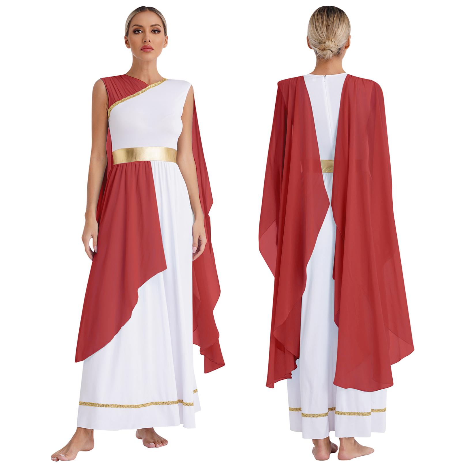 Römisches antikes griechisches Kostüm für Damen, metallisches Patchwork, langes elegantes Kleid, Karneval, Party, Chiffon-Robe XL bordeaux von Joom DACH