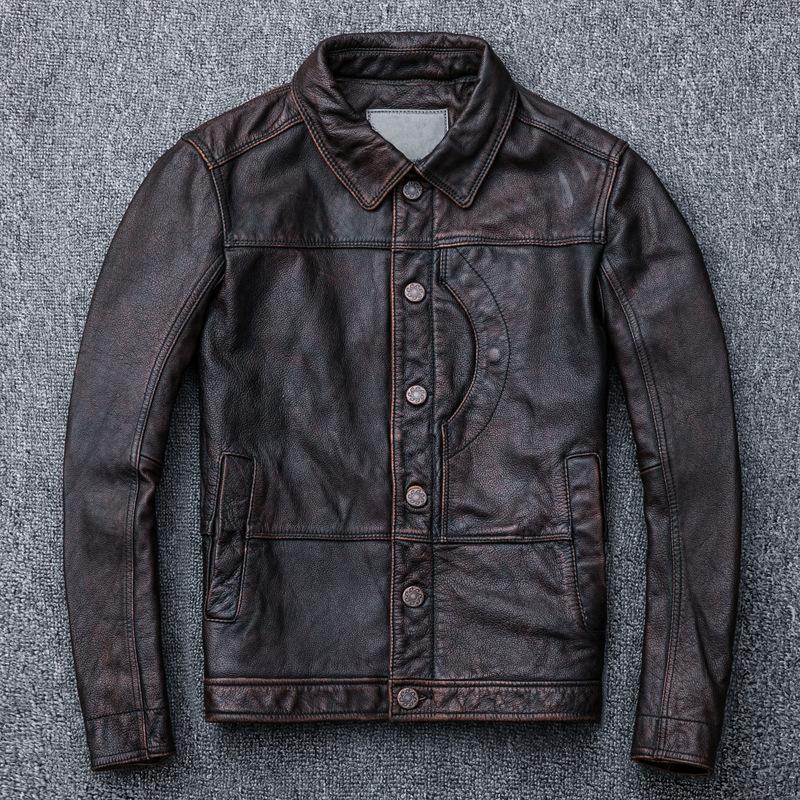 Rötlich-braunes Oberleder Rindsleder Herren Vintage Wash Made Old Kurzer Revers Denim Mantel M von Joom DACH