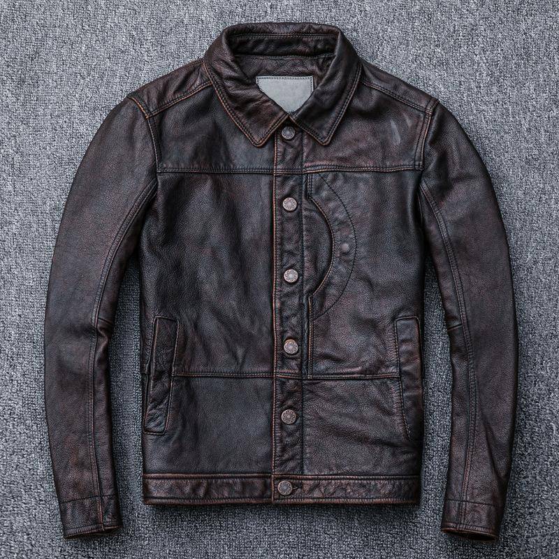 Rötlich-braunes Oberleder Rindsleder Herren Vintage Wash Made Old Kurzer Revers Denim Mantel M von Joom DACH