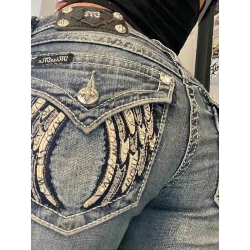 RogueWave American Retro Slim Schlagjeans Damen Y2k Harajuku Gothic Vintage Tasche Bestickt Blaue Denimhose Niedrige Taille Weites Bein Hose S blau von Joom DACH