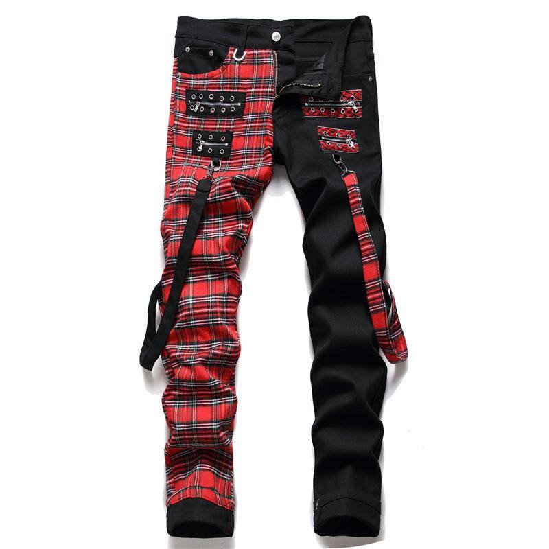 RogueWave Neue Mode Roter Karopatchwork Punk Reißverschluss Herren Bleistift Jeans Hosen Y2K Schnalle Hip Hop Gothic Slim Denimhosen Pantaloni Uomo 34 schwarz von Joom DACH