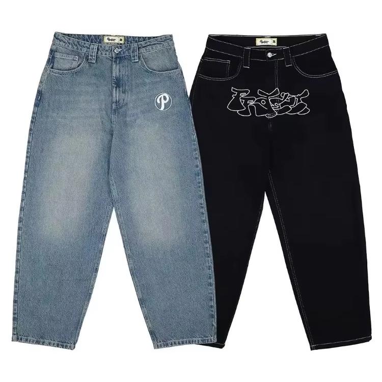 RogueWave Streetwear Y2K Hip Hop Retro Blaue Baggy Jeans Harajuku Jeans Hohe Taille Baggy Buchstabenbestickte Hose L blau von Joom DACH
