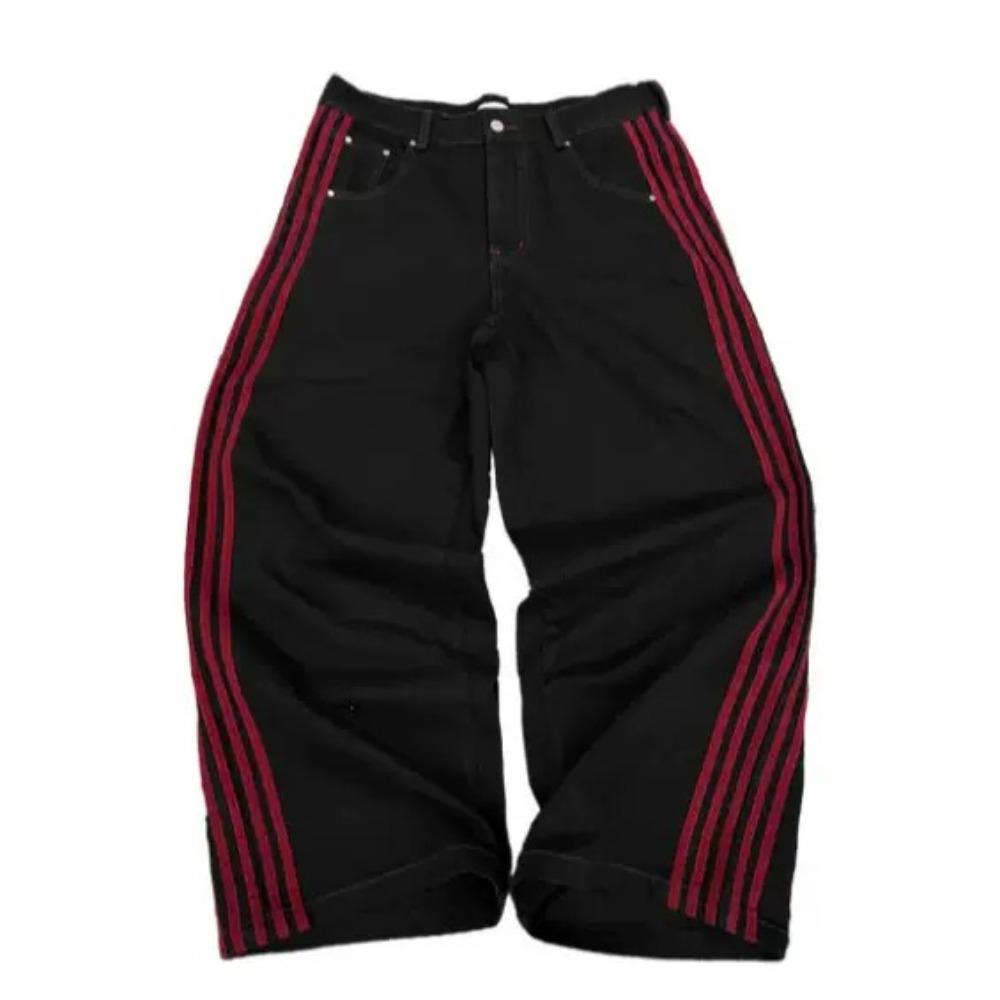 RogueWave Y2K Baggy Jeans Hohe Qualität Bestickt Gestreift Harajuku Jogginghose Herren Damen Hip Hop Streetwear Lässige Weitbeinige Denimhosen L rot von Joom DACH