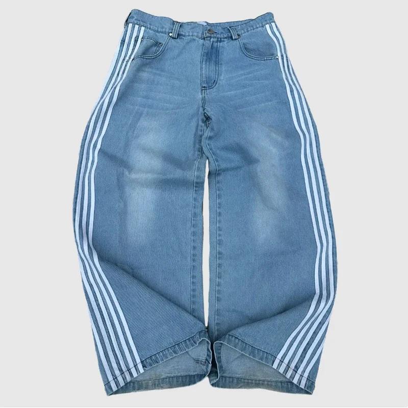 RogueWave Y2K Baggy Jeans Hohe Qualität Bestickt Gestreift Harajuku Jogginghose Herren Damen Hip Hop Streetwear Lässige Weitbeinige Denimhosen S blau von Joom DACH