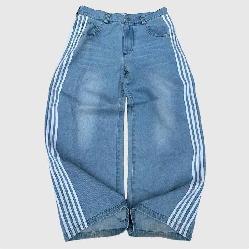 RogueWave Y2K Baggy Jeans Hohe Qualität Bestickt Gestreift Harajuku Jogginghose Herren Damen Hip Hop Streetwear Lässige Weitbeinige Denimhosen S blau von Joom DACH
