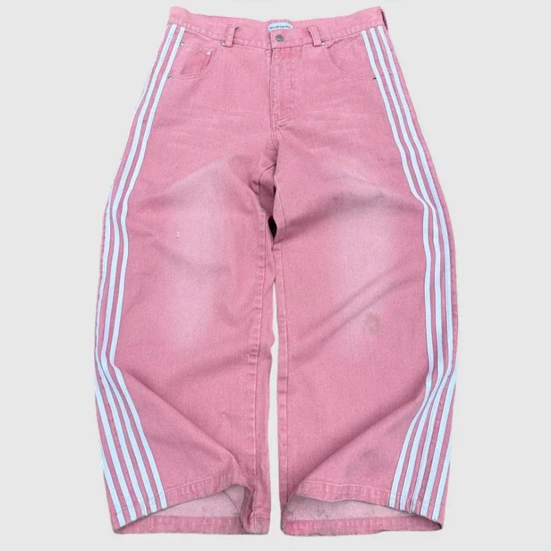 RogueWave Y2K Baggy Jeans Hohe Qualität Bestickt Gestreift Harajuku Jogginghose Herren Damen Hip Hop Streetwear Lässige Weitbeinige Denimhosen S rosa von Joom DACH