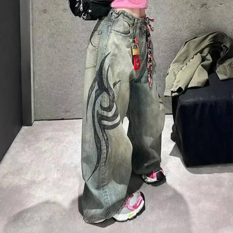 RogueWave Y2K Rosa Baggy Jeans Vintage Druckmuster Gewaschene Ripped Jeans Hip Hop Streetwear Harajuku Herren Damen Lässige Weitbeinjeans L von Joom DACH