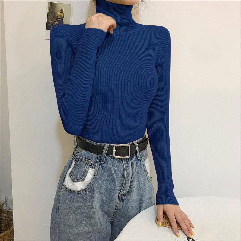 Rollkragen Pullover Pullover Frauen Herbst Winter Primer Shirt Langarm Kurze Slim-fit engen Jumper Tops Solide One Size dunkelblau von Joom DACH