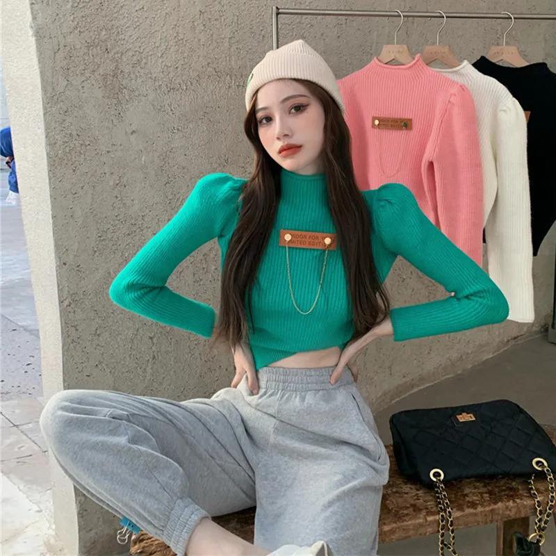 Rollkragenpullover Damen Weiß Langarm Slim Cropped Tops Herbst Winter Mode Lässig High Neck Strickpullover Rosa Strickmode Basic Top Kleidung L von Joom DACH