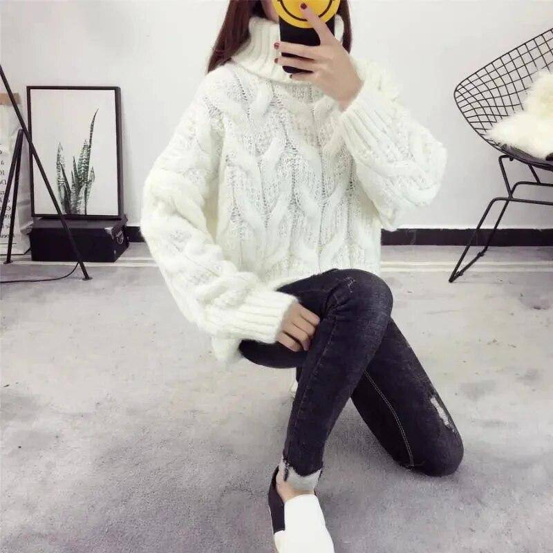 Rollkragenpullover Frauen Weiß Casual Lose Pullover Gestrickte Tops Herbst Winter Neue Mode Damen Strickwaren Jumper Oberbekleidung XL weiß von Joom DACH
