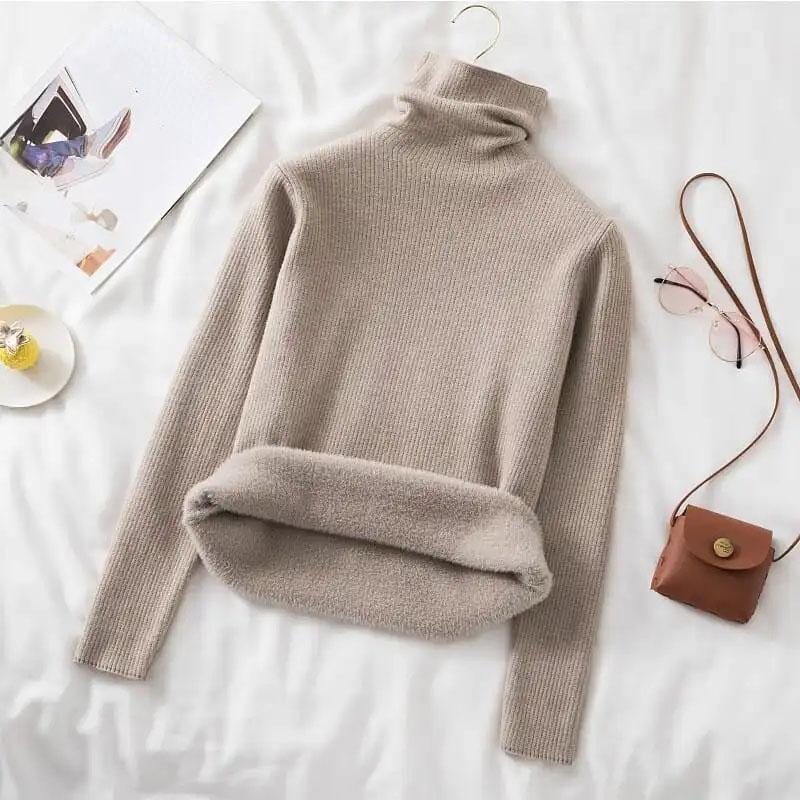 Rollkragenpullover Top Plus Samt Dick Gestricktes Unterhemd Damen Einteiliger Samt Langärmliger Herbst und Winter Wärme S beige von Joom DACH