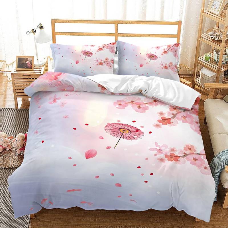 Romantisches Blumendeckenbezug-Set King Queen Rosa Kirschblüten Für Teenager Mädchen Frauen Frühling Lieblicher Garten Polyester Bettwäscheset EU single(135x200cm) von Joom DACH