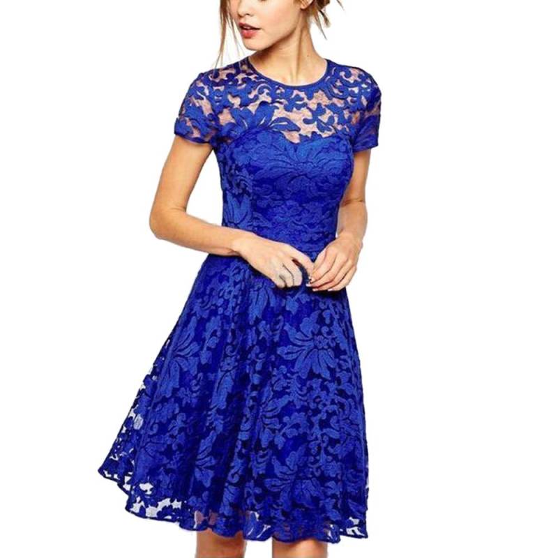 Rookiea Fashion Damen-Kleid mit Rundhalsausschnitt, kurzen Ärmeln, plissierter Spitze und schmaler Passform S blau von Joom DACH