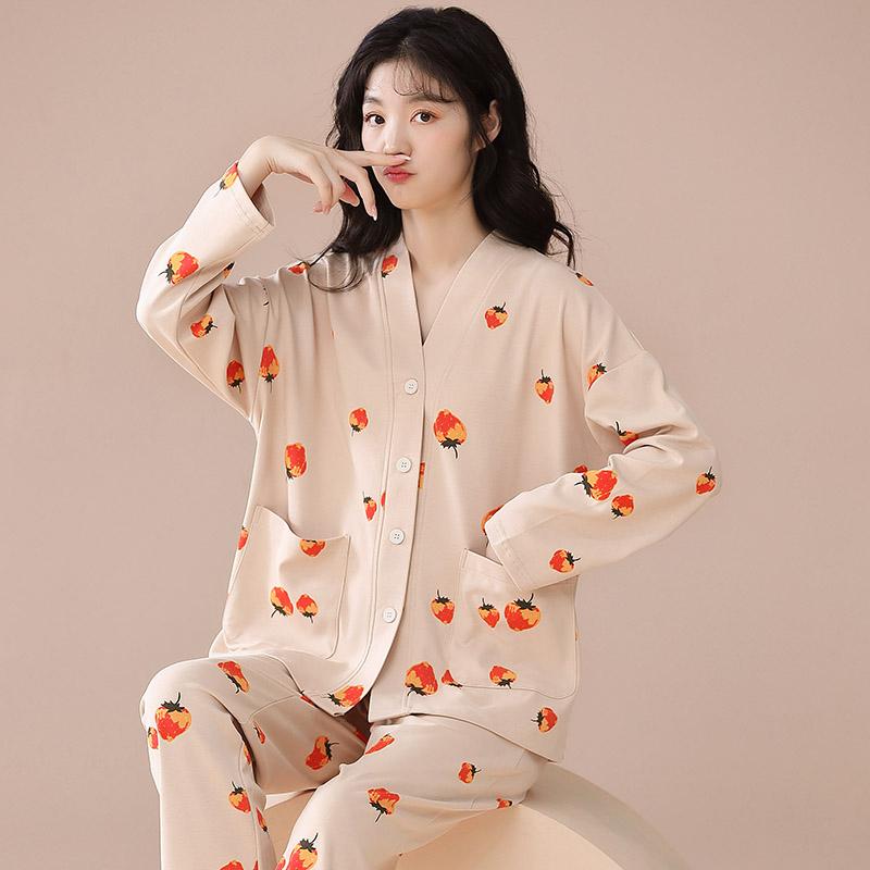 Rosa Erdbeer Pyjama Set Damen Nachtwäsche Langärmlig Lange Hose Herbst Winter Niedlich Pyjamas Mädchen Pijamas Weich Gemütlich Nachthemd L von Joom DACH