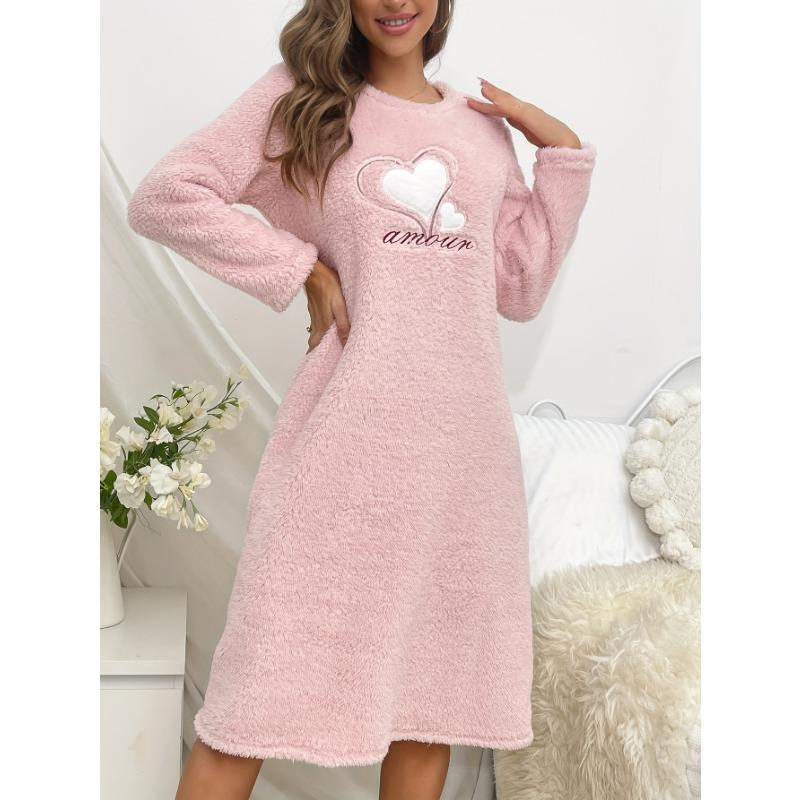 Rosa Liebesherz Pyjama Damen Nachthemd Flanell Herbst Winter Lange Ärmel Nachtwäsche Niedlicher Pyjama Warme PJs Weiche Pj Gemütlich Bequem Mädchen L von Joom DACH