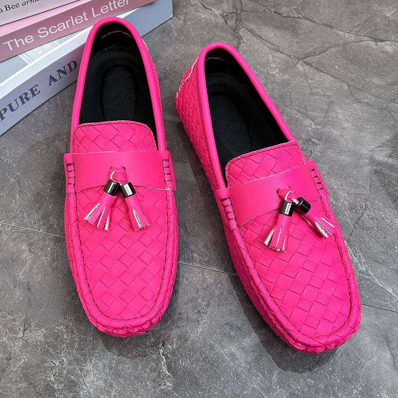 Rosa Quasten Slipper Herrenmode Luxus Designer Schuhe Leichte Flache Schuhe Mann Slipper Atmungsaktive Herren Leder Mokassins 42 rot von Joom DACH