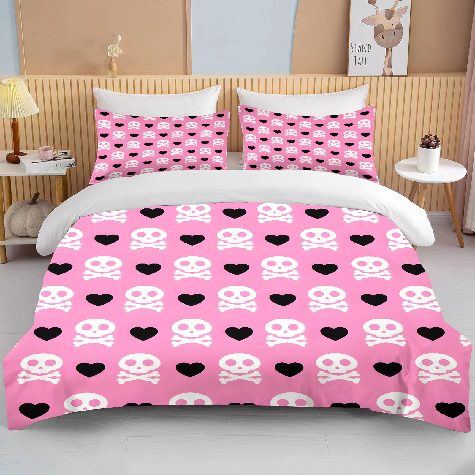 Rosa Schädel-Print Bettwäsche-Set Bettbezug 1 Bettbezug 2 Kissenbezüge Erwachsenen- und Kinderbettwäsche-Set Luxus Grils Geschenk Doppelbettgröße EU Twin 135X200cm&set von Joom DACH