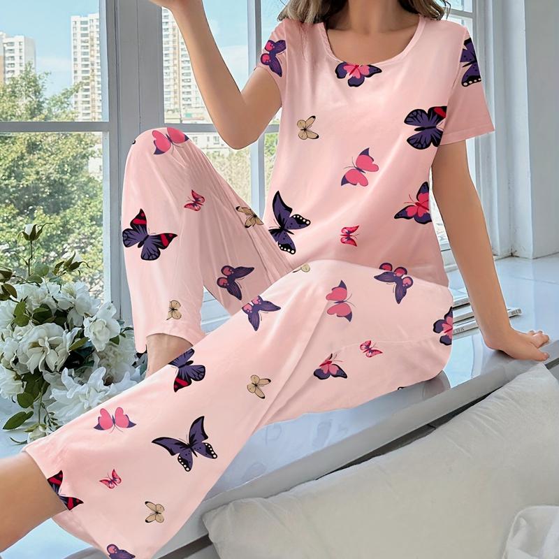 Rosa Schmetterling Frauen Pyjamas Sets Herbst Winter Kurze Ärmel Lange Hosen Nachtwäsche Casual Pijamas Gemütliche Pyjamas Nette Pjs Süß L von Joom DACH